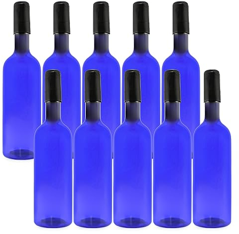 Cornucopia Plastic Wine Bottles (10-Pack, Blue); Empty Bordeaux-Style Wine Bottles with Screw Caps and Seals