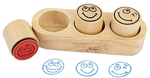 TRENDHAUS 952509 Lehrerstempel Set Smiley, Inkl. Holzblock für Kinder und Lehrer, 4 x 10 x 4 cm