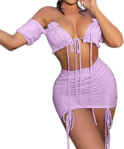 Sedrinuo Abiti sexy da donna a 2 pezzi vestito dalla spalla con lacci e gonna increspata abiti da club, Viola, S