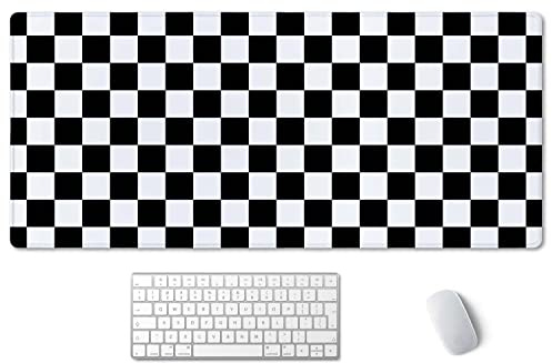 SSOIU Checkered Desk Mat Extended Gaming Mouse Pad (35.5x15.7 in), Large Stable Rubber Base Mousepad with Stitched Edges, Keyboard Mouse Mat Desk Pad for Work, Game, Office - Black White Checkerboard