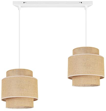 Light-Home Boho Hängelampe - Deckenlampe für Wohnzimmer Schlafzimmer und Esszimmer - Pendelleuchte aus Metall mit Lampenschirm aus Stoff - E27-2-Flammig - Weiß Basis und Jute