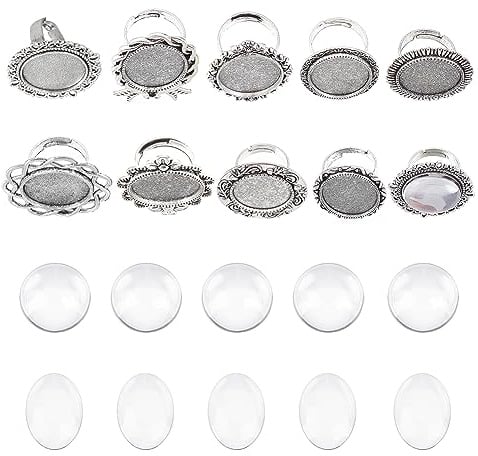 SUNNYCLUE 20 Stück DIY 10 Sets Vintage Stil Fingerring Rohlinge Verstellbare Leere Glas Cabochon Ringeinstellungen Cabochon Ringe Basis Kit Für Die Schmuckherstellung Anfänger Komponentenzubehör Antik