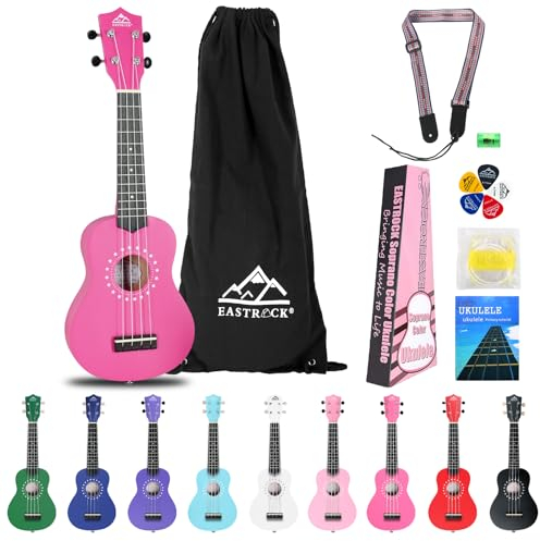 EastRock Sopran Ukulele 21 Zoll, Ukulele erwachsene,Ukulele Anfänger Kinderset, komplett mit Tasche,Schultergurt,Saiten,Ukulele Pick,Bedienungsanleitung,Reinigungstuch (Bright Pink)