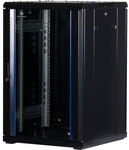 Rockstable 18HE 19 Zoll Serverschrank Netzwerkschrank (BxTxH) 600x600x900mm mit Glastür - Türanschlag wechselbar - Türen und Seitenwände abnehmbar und verschließbar - Schwarz (RAL 9005)
