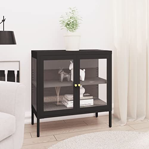 Homgoday Schwarze Sideboard 70 x 35 x 70 cm aus Stahl und Glas, Gartenbank, Bank für Balkon, Terrasse & Garten