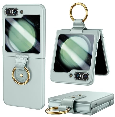 HWeggo Case for Samsung Galaxy Z Flip 5, Ultra Thin Hard PC with Outer Screen Protector and Ring, Shockproof Lightweight and Non Slip Durable Protective Case (Mint Green)