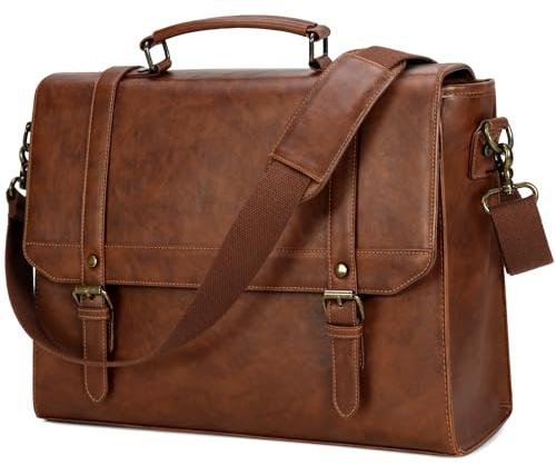 IGOLUMON Messenger Bag for Men 15.6 inch Vintage Leather Waterproof Laptop Briefcase Large Computer Laptop Bag Leather Satchel Bag Retro Shoulder Bag for Office Business Travel College, Brown
