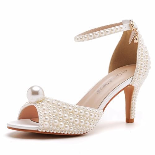 Crystal Queen 7,6 cm Stiletto Heels Perlen Sandalen Peep Toe Braut Hochzeit Party Kleid Schuhe Damen Knöchelriemen Sandalen, Cremeweiß, 42.5 EU