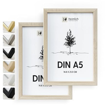 Heimlich® - Bilderrahmen - A5 14,8x21 cm, Eichenholz, 2er-Pack - Diplom-Poster-Collage-Rahmen mit Folienabdeckung - Zur Wandmontage oder Tischmontage