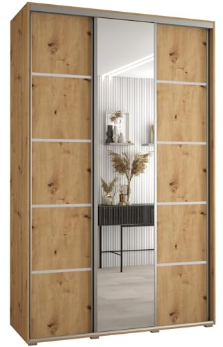 MEBLE KRYSPOL Davos 5 150 Schrank mit DREI Schiebetüren für Schlafzimmer - Moderner Schrank mit Spiegel, Kleiderstange und Regalen - 235,2x150x45 cm - Artisan Artisan Silber