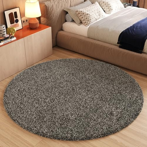 TAPISO Essence Teppich Rund Grau Dunkelgrau Hochflor Langflor Shaggy Einfarbig Flauschig Schlafzimmer Wohnzimmer Kinderzimmer ÖKO-TEX 80 x 80 cm