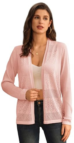 GRACE KARIN Cardigan élastique pour Femme à Manches Longues Ouvert Tricot Cardigan Gilet Mi-Longue tricoté L Rose Clair