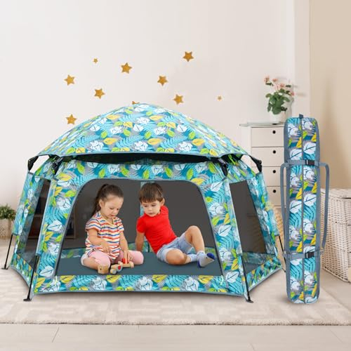 Funsland Laufstall Baby Faltbar, 8S Pop Up Zelt Kinder, Laufgitter Baby mit Belüftungsnetz und Sonnendach,3-4 Personen,Tragbar Playpen Indoor Outdoor Für Strand, Park, Camping, Garten, Grün