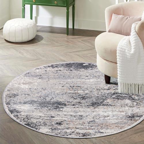 Mazovia Teppich Rund 200 cm - Kurzflor - Weich Teppich für Wohnzimmer Esszimmer - Abstraktes Vintage Grau 200 x 200 cm