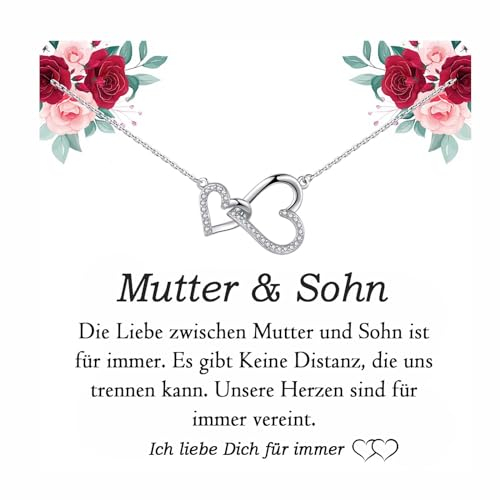 FAOMZQ Mama Geschenk, Mutter Sohn Kette Sterling Silber Verbundener Herz Halskette Geschenke von Sohn für Mama, Geschenkideen für die Mutter zum Muttertag Geburtstag Weihnachten