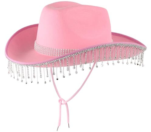 Peosaard Braut Cowgirl Hut, rosa Cowboyhut, Fringe Glitter Cowboy Hut mit Kinngurt für Frauen Cowgirl Hut Halloween Kostüm