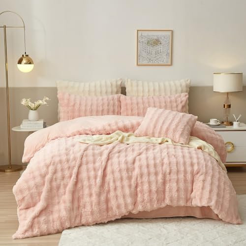Luofanfei Housse de Couette Hiver 240x260 Chaude Flanelle Toucher Cashmere Polaire Parure de Lit en Velours Rose Doux avec Fermeture Éclair Linge de Lit 2 Personnes avec 2 Taies d'oreiller 65x65