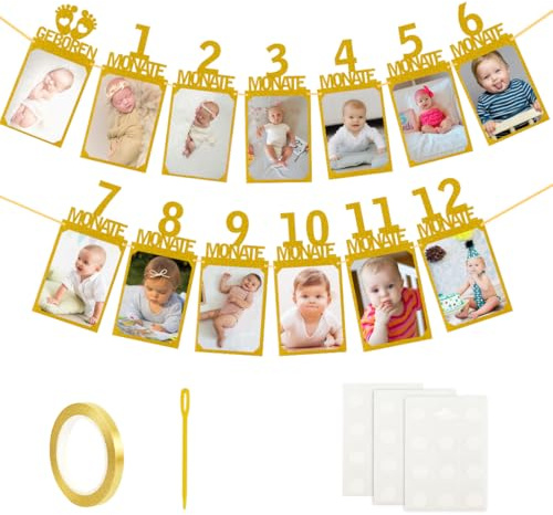 Fotogirlande 1. Geburtstag, Baby Meilenstein Girlande Deko, Erster Geburtstag Foto Banner für 1 bis 12 Monate, Hängende Foto Wanddekoration, Deutsch Deko Junge (Gold)