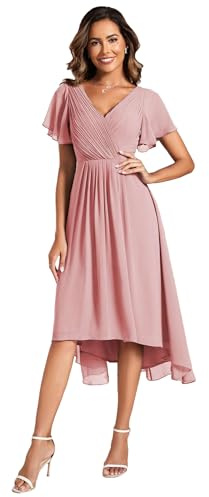 Ever-Pretty Plus Abiti da sposa da cocktail da donna High Low Plus Size | Scollo a V, maniche corte, chiffon, busto increspato, vita impero, abiti semi formali taglie forti