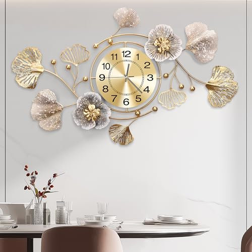 Relojes para sala de estar, gran reloj de pared, reloj de pared silencioso, diseño de hojas ginkgo de metal retro, para cocina de cama relojes de pared decorativos (café retro-árabe, 91cm)