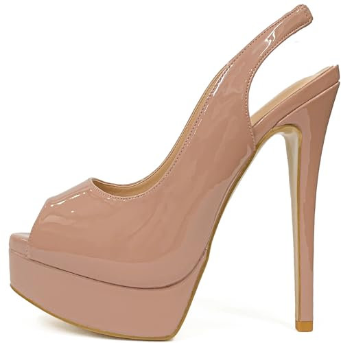 MiaZane Tacones Altos Peep Toe – Tacones Altos Elegantes – Plataforma Impermeable – Diseño Sexy De Boca De Pez – Cuero Charol – Sandalias Sin Cordones para Mujer – Fiesta, Noche,Beige,35 EU