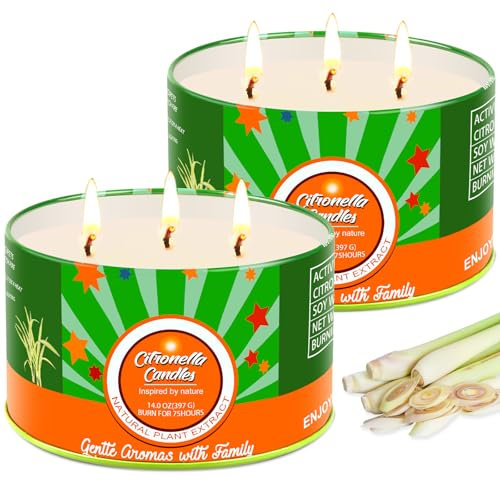 Grandes bougies d'extérieur à la citronnelle, 2x400g bougies d'extérieur, bougies de jardin à la citronnelle en cire de soja naturelle avec 3 mèches, pour camping, barbecue, terrasse et pique-nique