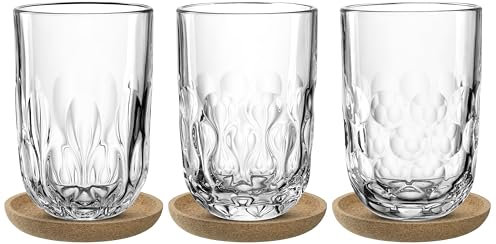 LEONARDO HOME GOCCE Latte Macchiato Glas • 6tlg. Set • 3 Korkuntersetzer • 3 Latte Macchiato Gläser • LM Becher für Siebträger • Spülmaschinengeeignet • Tropfenstruktur • Matchaglas • 390 ml • 055192