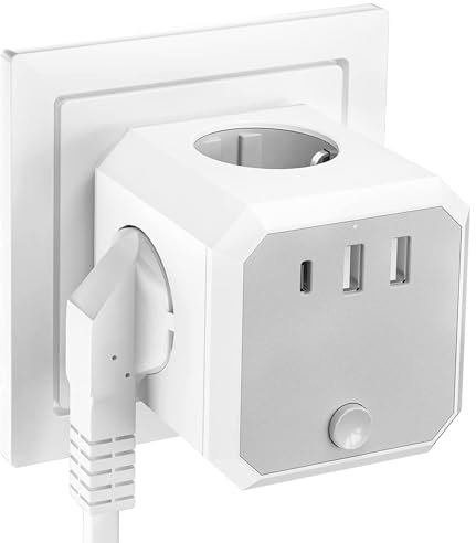 Enchufe retráctil de 6 vías con 2 puertos USB-C, 4000 W/16 A, cable de 2 m (1,5 mm²), color blanco