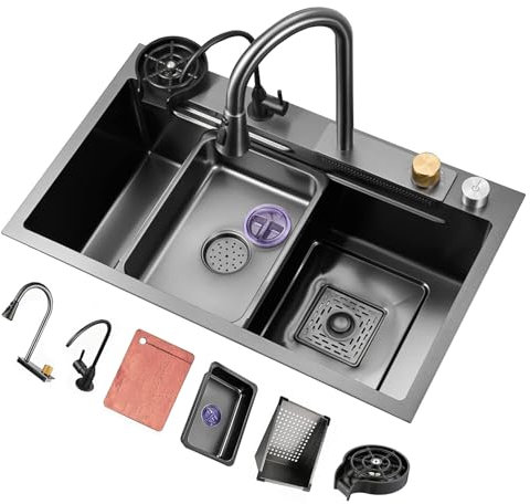Évier Cascade en Acier Inoxydable 304, évier de Cuisine Simple, Noir, Nano, évier de Bar, évier de Camping-Car avec Robinet et bonde, Montage encastré ou sous Le Meuble (Couleur : Noir, Dime