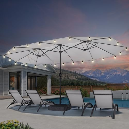 PURPLE LEAF Grand Parasol de Jardin Extérieur avec Pied et Guirlande Lumineuse 4,55 x 2,7 x 2,4 m, Parasol Rectangulaire Double Face à Manivelle Résistant au Vent pour Balcon, Terrasse, Jardin, Blanc