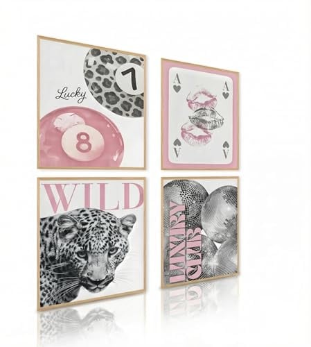 Leopard Leinwand Druck Set mit 4, rosa Gepard trendige Bilder schicke luxuriöse Y2K trendige Poster für Teenager-Mädchen Wohnung Schlafsaal, kein Rahmen (40 x 60 cm)