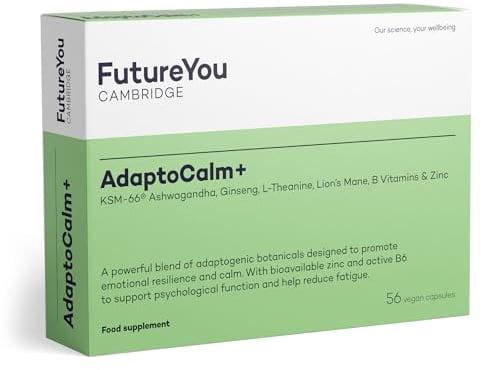 AdaptoCalm+ Stress Support Supplement | Ashwagandha KSM-66, Panax Ginseng, L-Theanine & Lion’s Mane | Zinc & B Vitamins for Relaxation, Energy & Mental Wellbeing – 56 Vegan Capsules