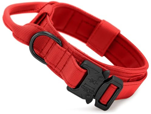 Huntvp taktisch Hundehalsband Verstellbar mit Kontrollgriff, aus Nylon, gepolstert, Metallschnalle, für Mittlere Große Hunde Jagd Training Freizeit Outdoor, Rot M