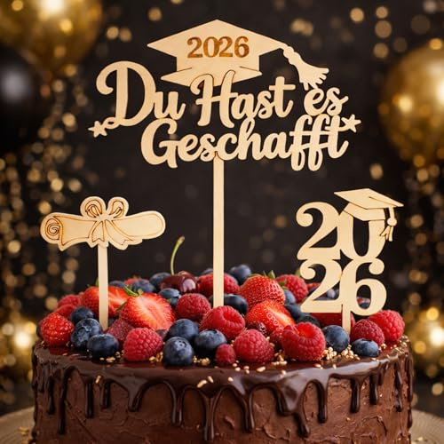 PIujsym 3 Stück Holz Graduation Deko Set, Du Hast Es Geschafft Abschlussfeier Kuchenaufsatz mit Diplom Motiv, ABI 2026 Deko, Ideal Fuer Abitur und Uni Studium Party