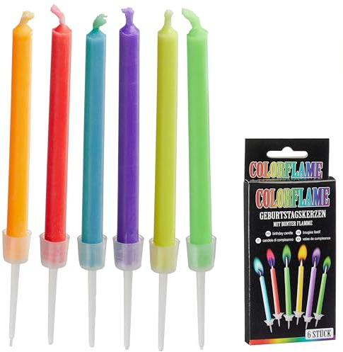 Geburtstagskerzen 'Bunte Flamme' 6er Set | L6cm 7x15x1cm Paraffin Alu PVC bunt | Partykerzen mit farbiger Flamme in Halterung