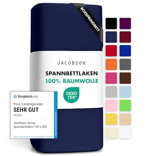 Jacobson Jersey Spannbettlaken Spannbetttuch Baumwolle Bettlaken (180x200-200x220 cm, Dunkelblau)