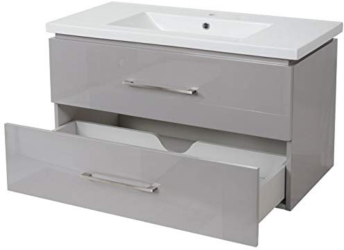 Mendler Premium Waschbecken + Unterschrank HWC-D16, Waschbecken Waschtisch, Hochglanz 90cm - grau