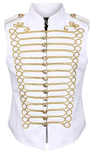Ro Rox Men's White Gold Steampunk Gothic Military Sleeveless Parade Jacket - (S)