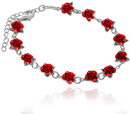 Uloveido Y452 Bracelet à breloques en forme de rose rouge pour femmes et filles Plaqué or 18 carats Bijoux naturels 1zaine de roses, 18.5 cm, Cristal