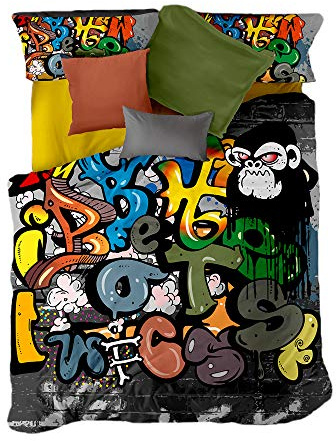 Bettwäsche Set 3 Teilig, Odot 100% Mikrofaser 3D Hip-Hop-Graffiti Druck Weiche mit Reißverschluss Schließung Bettbezug Garnitur und Kissenbezug (200x230cm,Alphabet)