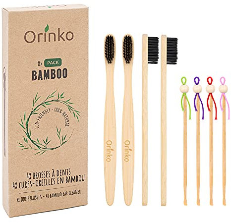 ORINKO - Lote de 4 Limpiadores de Oídos Japoneses + 4 Cepillos de Dientes de Bambú - Pack Cero Residuos