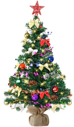 Weihnachtsbaum künstlich (WBD) 60 cm grün mit Weihnachtsdeko bunt und Led Lichterkette mit Batteriebox und Fernbedienung künstlicher Christbaum klein Tannenbaum