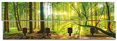 ARTLAND Wandgarderobe Garderobenpaneel Holz mit 4 Haken 90x30 cm Design Garderobe mit Motiv Natur Wald Bach Herbst Grün T9IO