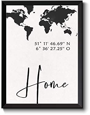 Bild, Poster, gps-Koordinaten von Zuhause (Stadt) Ort/Home | personalisiert Weltkarte | Kunstdruck mit Illustration Welt | Rahmenoption, Geschenk Richtfest Einweihung Geburtstag