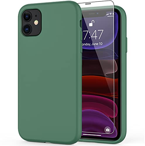 DEENAKIN iPhone 11 Case with Screen Protector,Soft Liquid Silicone Gel Rubber Bumper Cover,Slim Fit Shockproof Protective Phone Case for iPhone 11 6.1 Dark Green