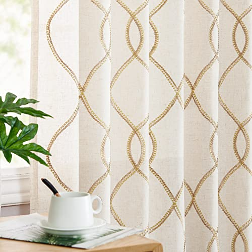 TOPICK Leinenoptik Vorhänge Beige Verdeckte Schlaufen Gardinen Blickdicht mit Goldfaden Stickerei Vorhang Modern Geometrisch für Wohnzimmer Gestickt Halbtransparent Privatsphäre 2er Set 140x225cm