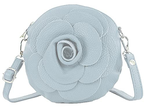 modamoda de T225 Damen Leder Umhängetasche Abendtasche Clutch Blüte Klein handmade in Italy, Farbe:Eisblau