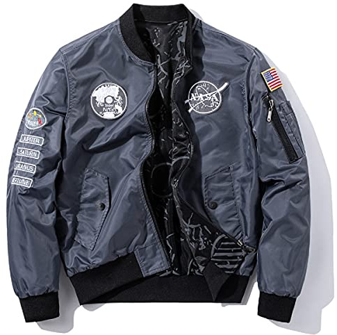 CORIRESHA Reversible NASA Bomber Jacket with Embroidery Badges
