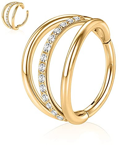 hengkaixuan 16G CZ Nasenringe 316L Triple Stacked CZ Knorpelohrringe Conch Hoop Ringe Septum Ear Cuff Helix Clicker Scharnierring Unisex Lip Hoop Ohrringe Tragus Piercing Schmuck 10mm Gold