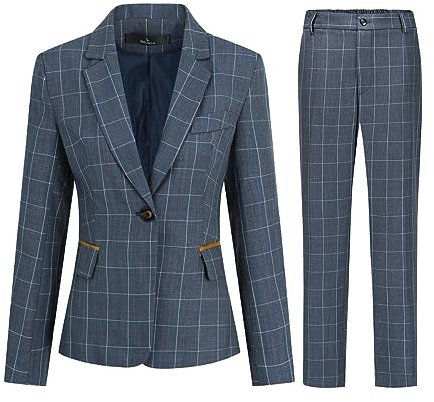 YUNCLOS Tailleur Femme 2 pièces Slim Fit Chic Veste Bureau Travail Blazer Pantalons Constume Ensemble à Carreaux,Bleu,L